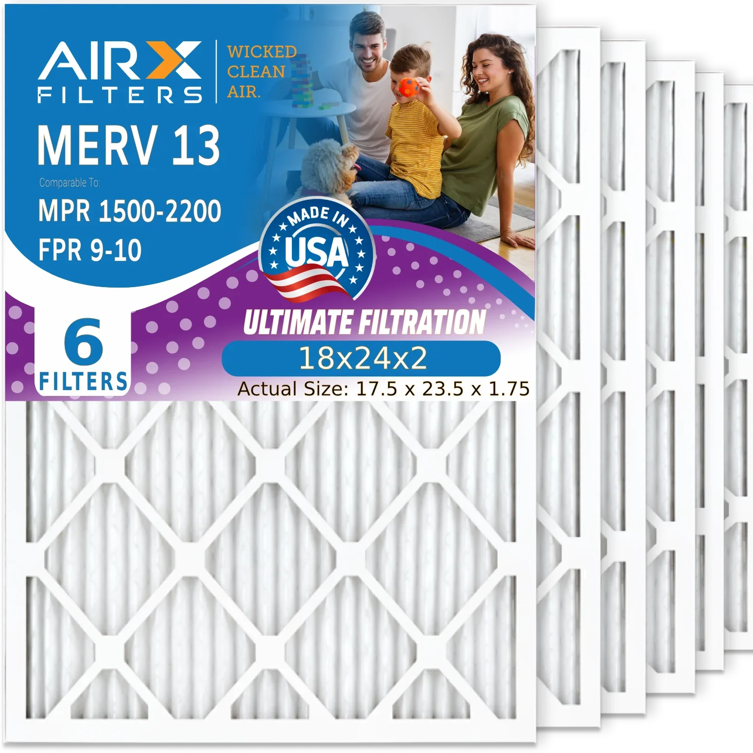 18x24x2 Air Filter MERV 13 Comparable to MPR 1500 - 2200 & FPR 9 Electrostatic Pleated Air Conditioner Filter 6 Pack HVAC AC Premium USizeA Made 18x24x2 Furnace Filters by AIRX FILTERSize WICKED CLEAN AIR.
