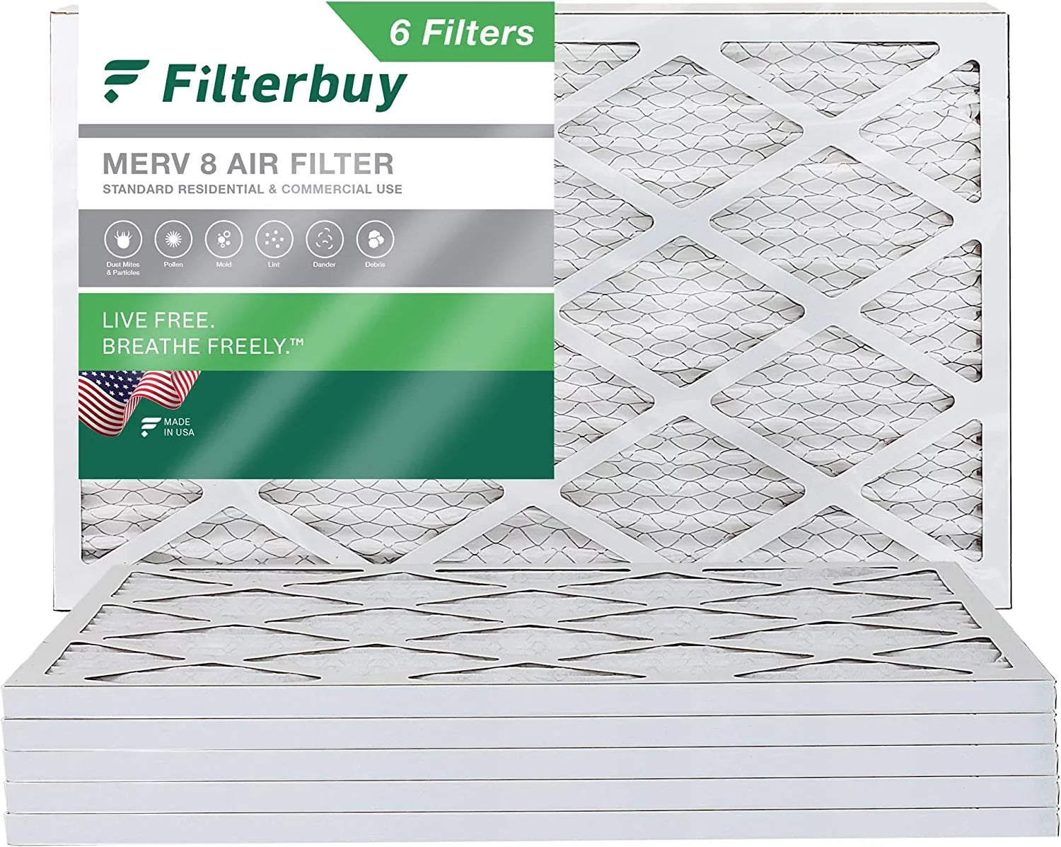 Filterbuy 12x20x1 MERV 8 Pleated HVAC AC Furnace Air Filters (6-Pack)
