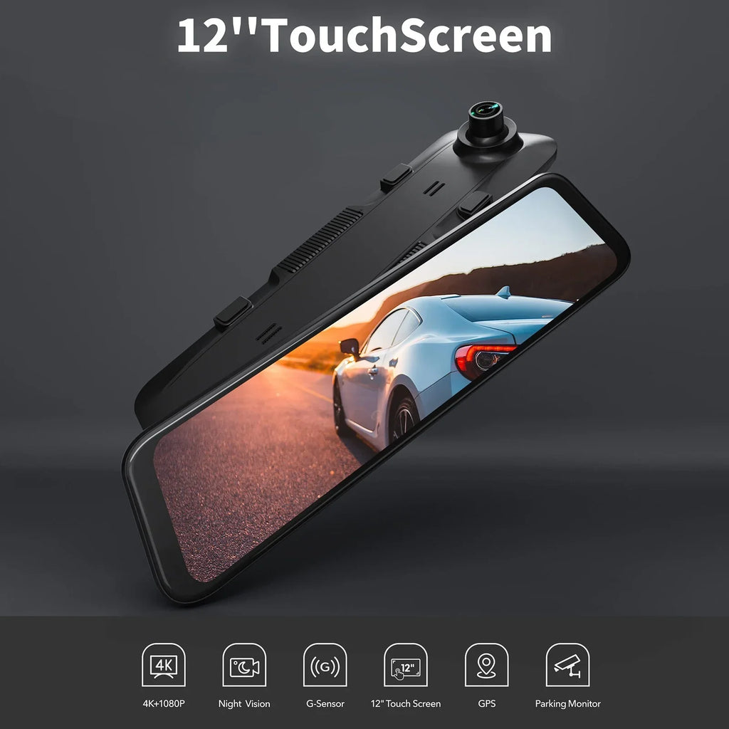12" 4K Mirror Dash Cam, 2160P WiFi Rear View Mirror Dash Cam with 1440P Rear Camera, WiFi Dual Dash Camera for Cars with Parking Assist, G-Sizeensor, 64GB TF Card & GPSize