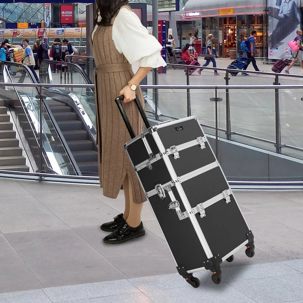 Omysalon 3 in 1 Rolling Cosmetic Makeup Train Case for Professional, Black makeup trolley