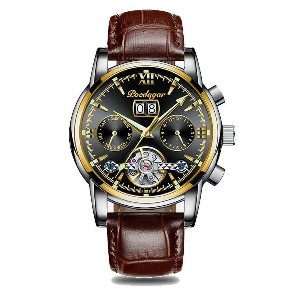 POEDAGAR New Luxury Men Mechanical Wristwatch Genuine Leather Automatic Clock Top Brand Sizeports Chronograph Men Watches