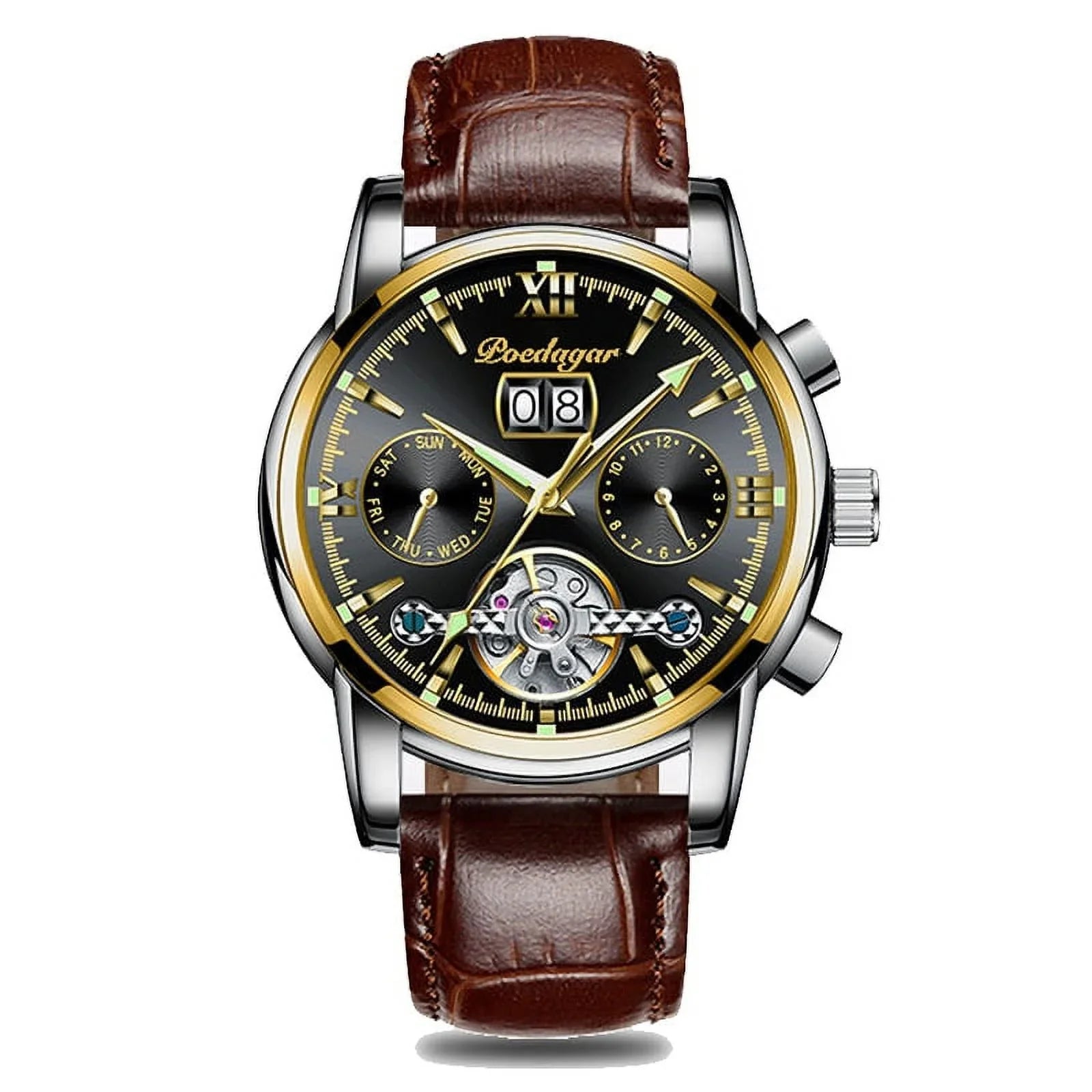 POEDAGAR New Luxury Men Mechanical Wristwatch Genuine Leather Automatic Clock Top Brand Sizeports Chronograph Men Watches