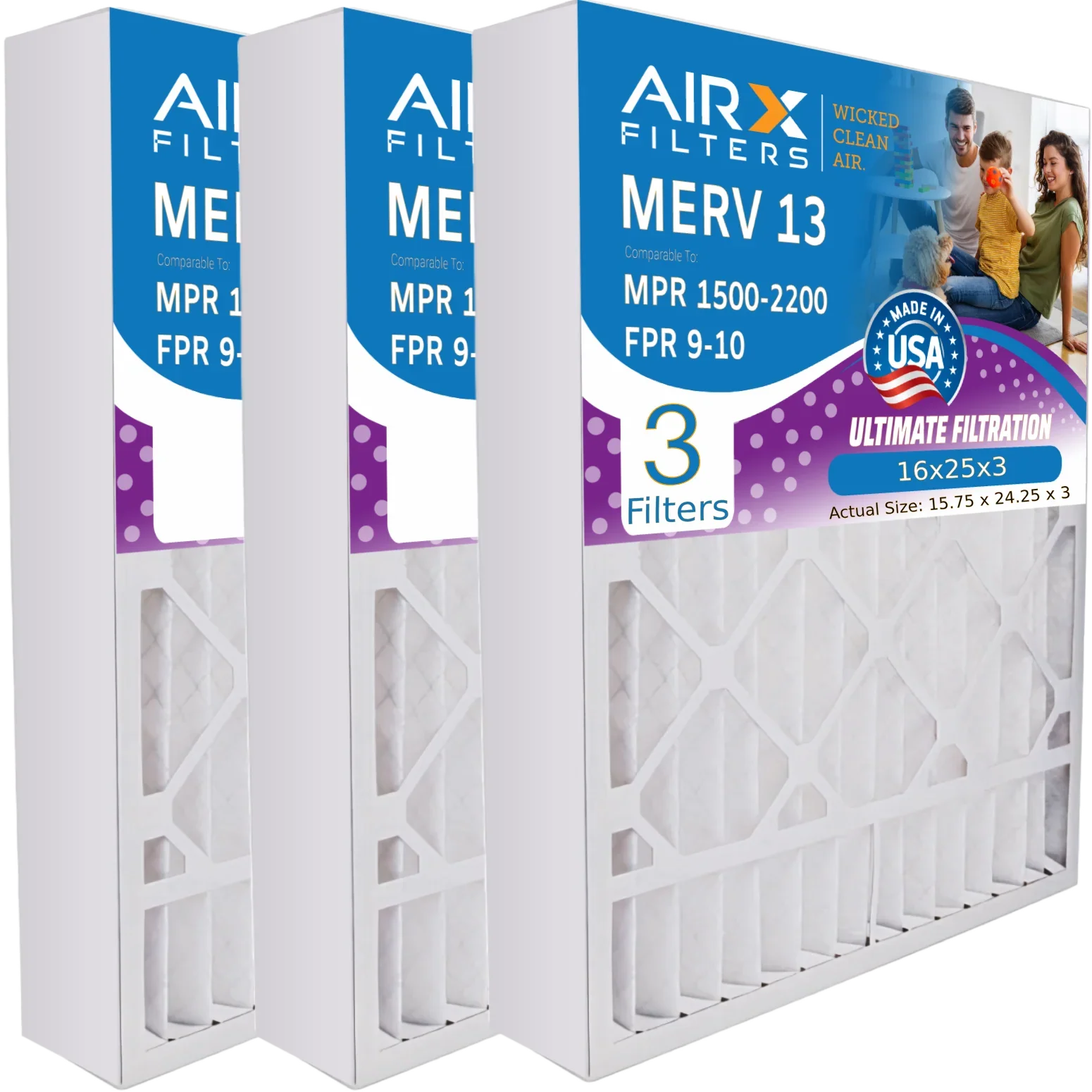 16x25x3 Air Filter MERV 13 Comparable to MPR 1500 - 2200 & FPR 9 Compatible with Air Bear 255649-101 Premium USizeA Made 16x25x3 Furnace Filter 3 Pack by AIRX FILTERSize WICKED CLEAN AIR.