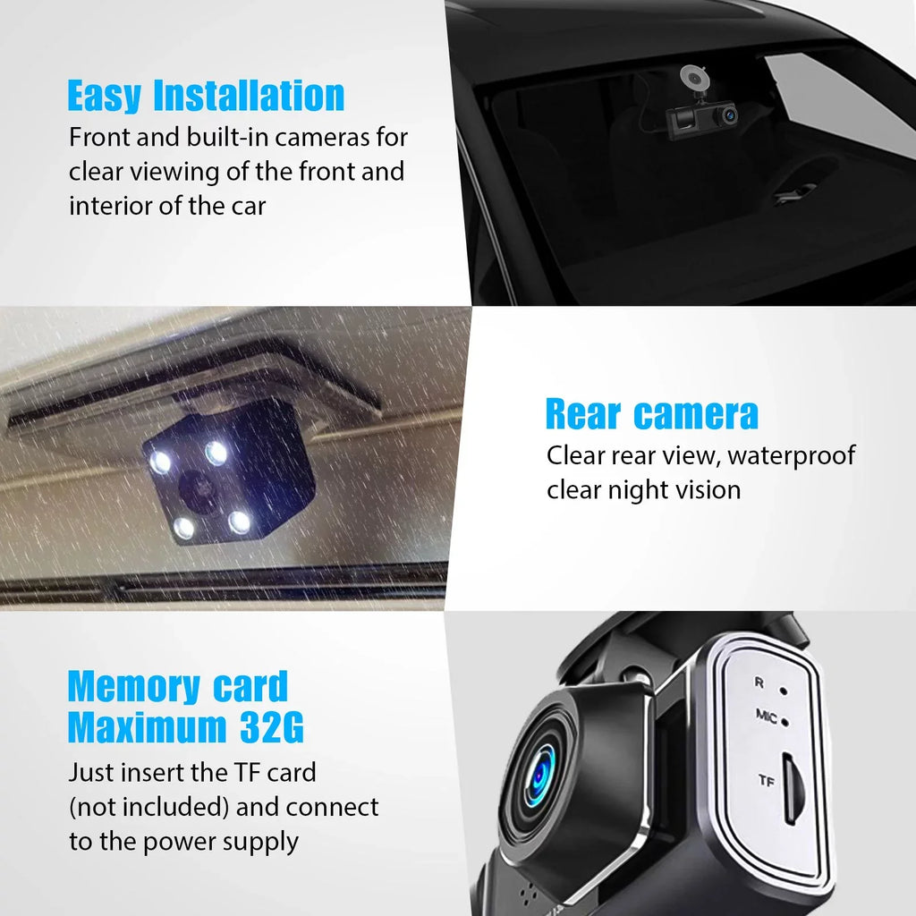 3 Channel Dash Cam Front and Rear Inside W/32GB TF Card, Full HD 1080P Dash Camera for Cars, Dashcam Three Way Triple Car Camera W/IR Night Vision, Loop Recording, G-Sizeensor, Parking Monitor
