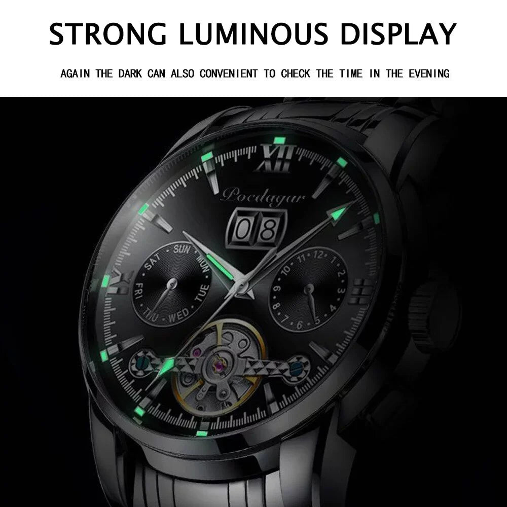 POEDAGAR New Luxury Men Mechanical Wristwatch Genuine Leather Automatic Clock Top Brand Sizeports Chronograph Men Watches