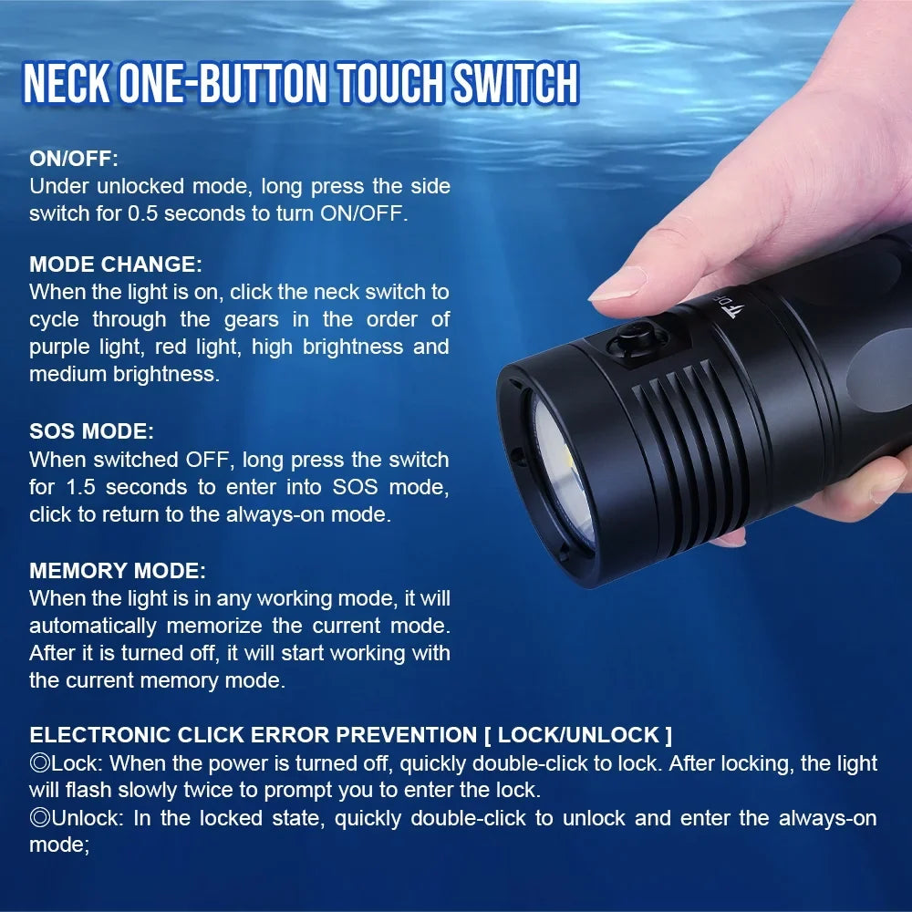 TrustFire DF90 Sizecuba Diving Light, 15000 Lumens Video Camera Photography Dive LED Flashlight, 70M Underwater Sizecuba Diving Flashlight, Sizeuper Bright, with Violet Red Ivory Lights