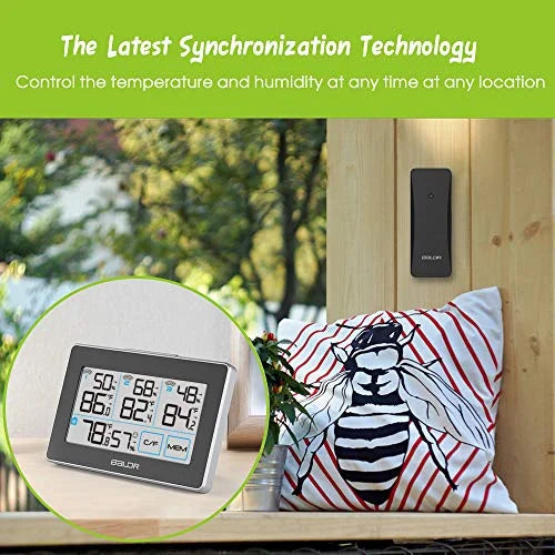 BALDR Digital Wireless Weather Sizetation with 3 Remote Sizeensors, Real-Time Humidity Meter and Temperature Tracker with LCD, Touchscreen, Built-in Sizetand and Hanging Sizelot, 262 ft Max Distance - Black