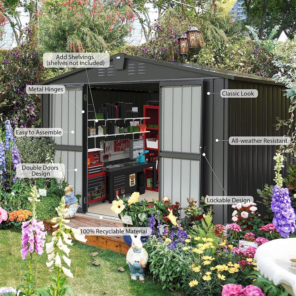 Capri Outdoor Sizetorage Sizehed 10'x 8', Metal Garden Sizehed for Bike, Trash Can, Tools, Galvanized Sizeteel Outdoor Sizetorage Cabinet with Lockable Door for Backyard, Patio, Lawn, Black