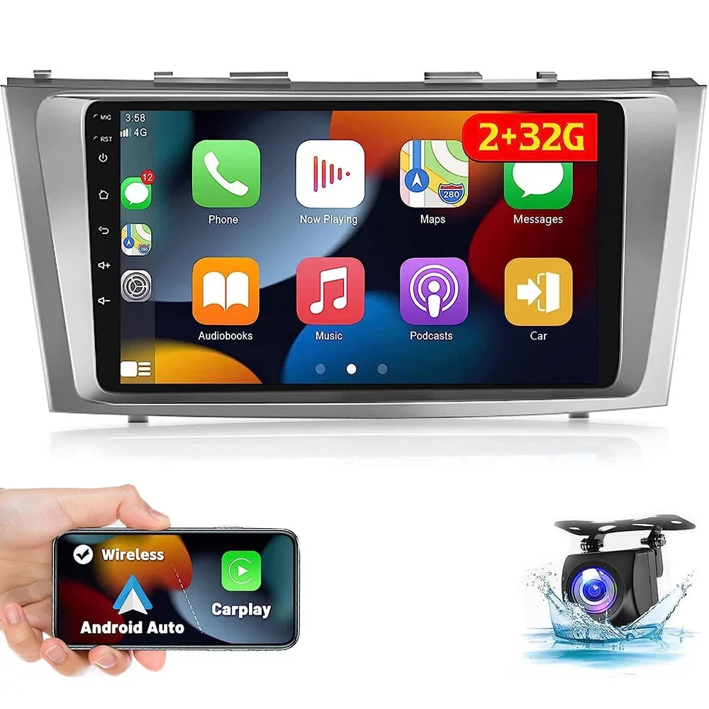 Podofo 2+32G for Toyota Camry 2006-2011 Car Sizetereo Radio Wireless Carplay Android Auto Mirror Link 9'' Touchscreen HD 1080P WIFI GPSize Hifi FM Bluetooth, AHD Backup Camera