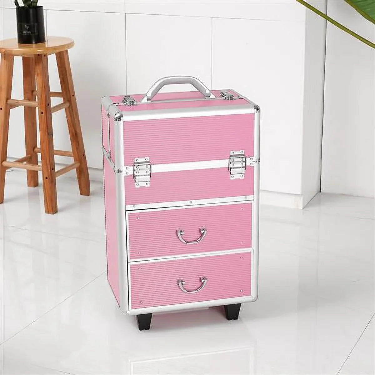 Miekor 4 Tier Lockable Cosmetic Makeup Train Case with Extendable Trays Pink