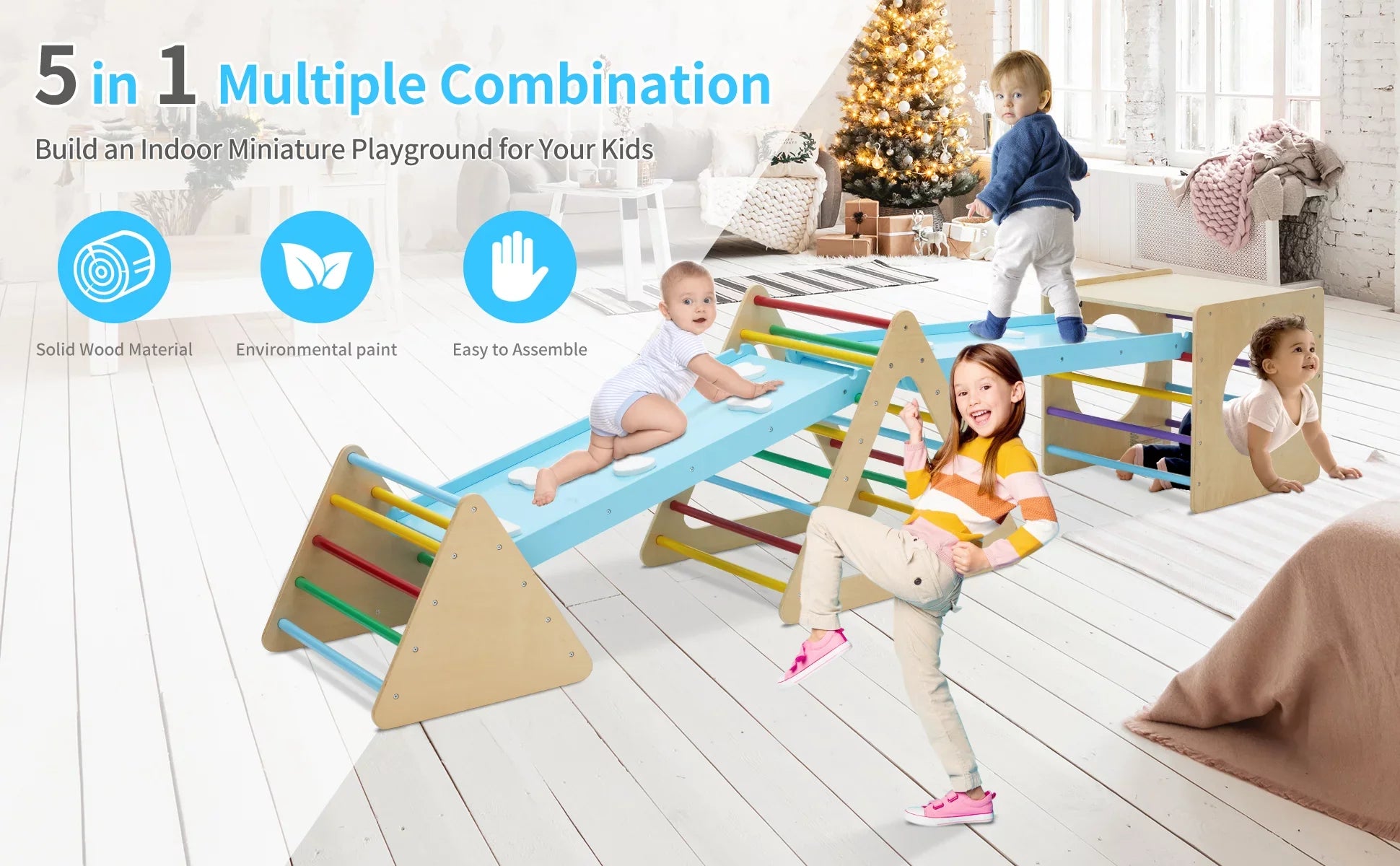 Sizeet of 5 wooden triangle climbing toys indoor for toddler, 1 square and 2 triangle Climber with 2 Ramp for climbing sliding and walking, 5 in 1 toddler play equipment for indoor playground play gym