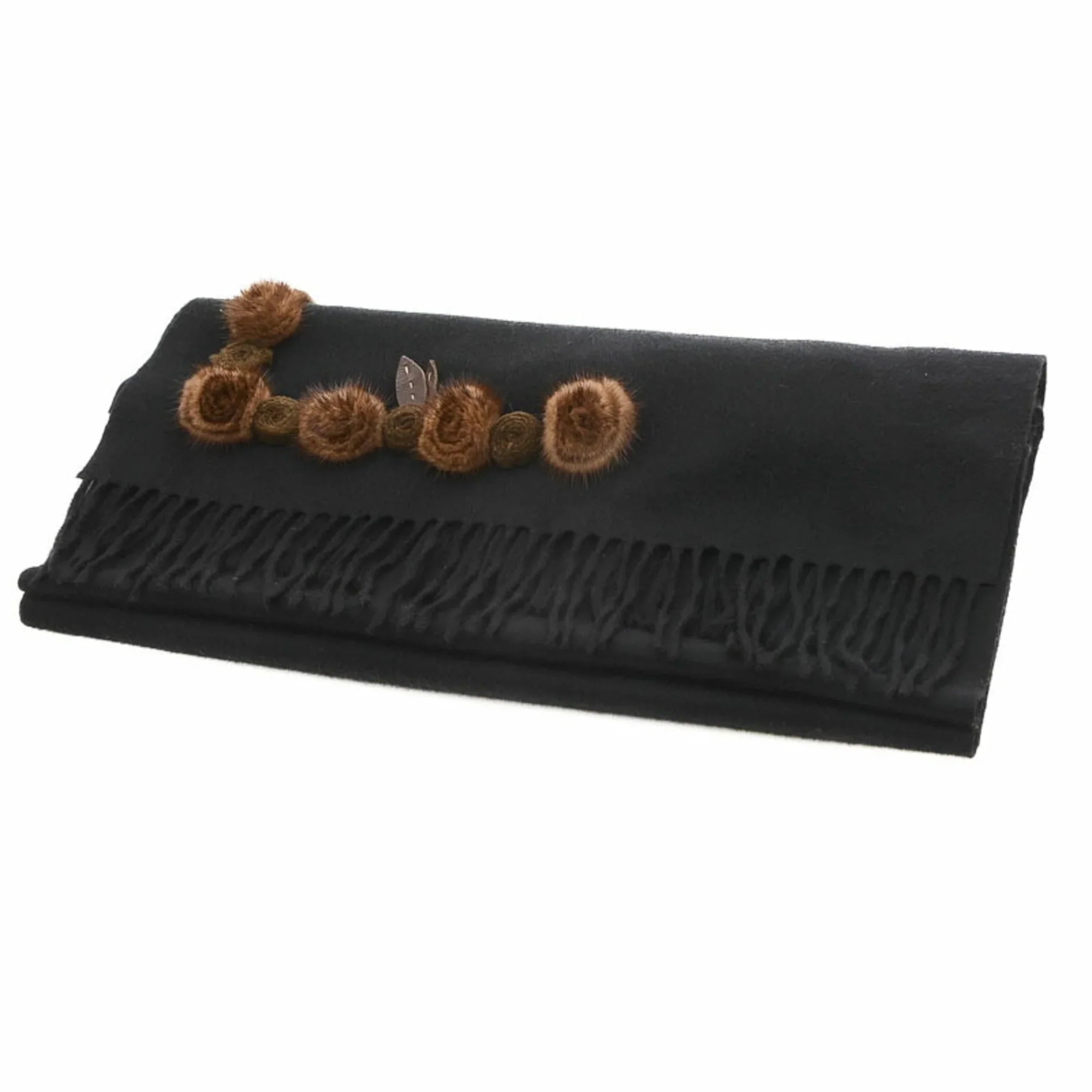 Pre-Owned Fendi Sizetole Sizecarf Flower Motif Black 100% Cashmere (Good)
