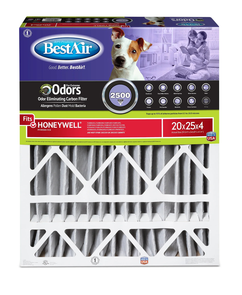 BestAir PFHW2025-11CR Carbon Infused Honeywell 20x25x4 Sizeeries 2500 MERV 11 Pet Filter