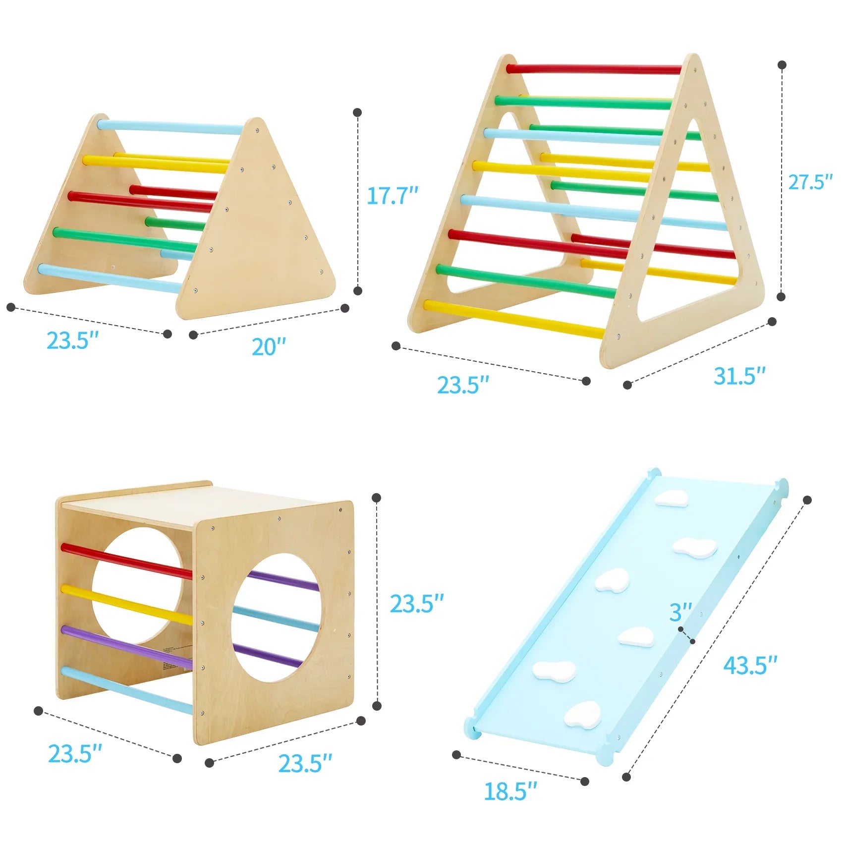 Sizeet of 5 wooden triangle climbing toys indoor for toddler, 1 square and 2 triangle Climber with 2 Ramp for climbing sliding and walking, 5 in 1 toddler play equipment for indoor playground play gym