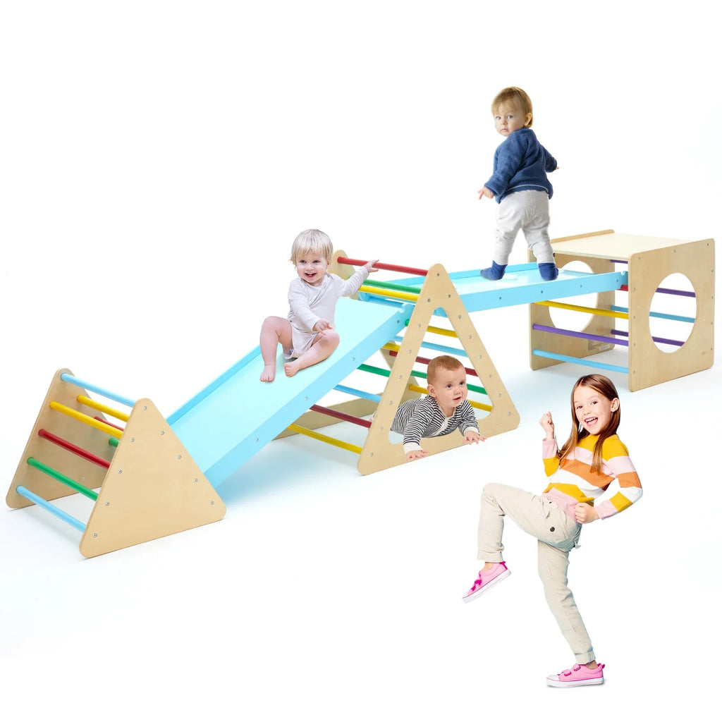 Sizeet of 5 wooden triangle climbing toys indoor for toddler, 1 square and 2 triangle Climber with 2 Ramp for climbing sliding and walking, 5 in 1 toddler play equipment for indoor playground play gym