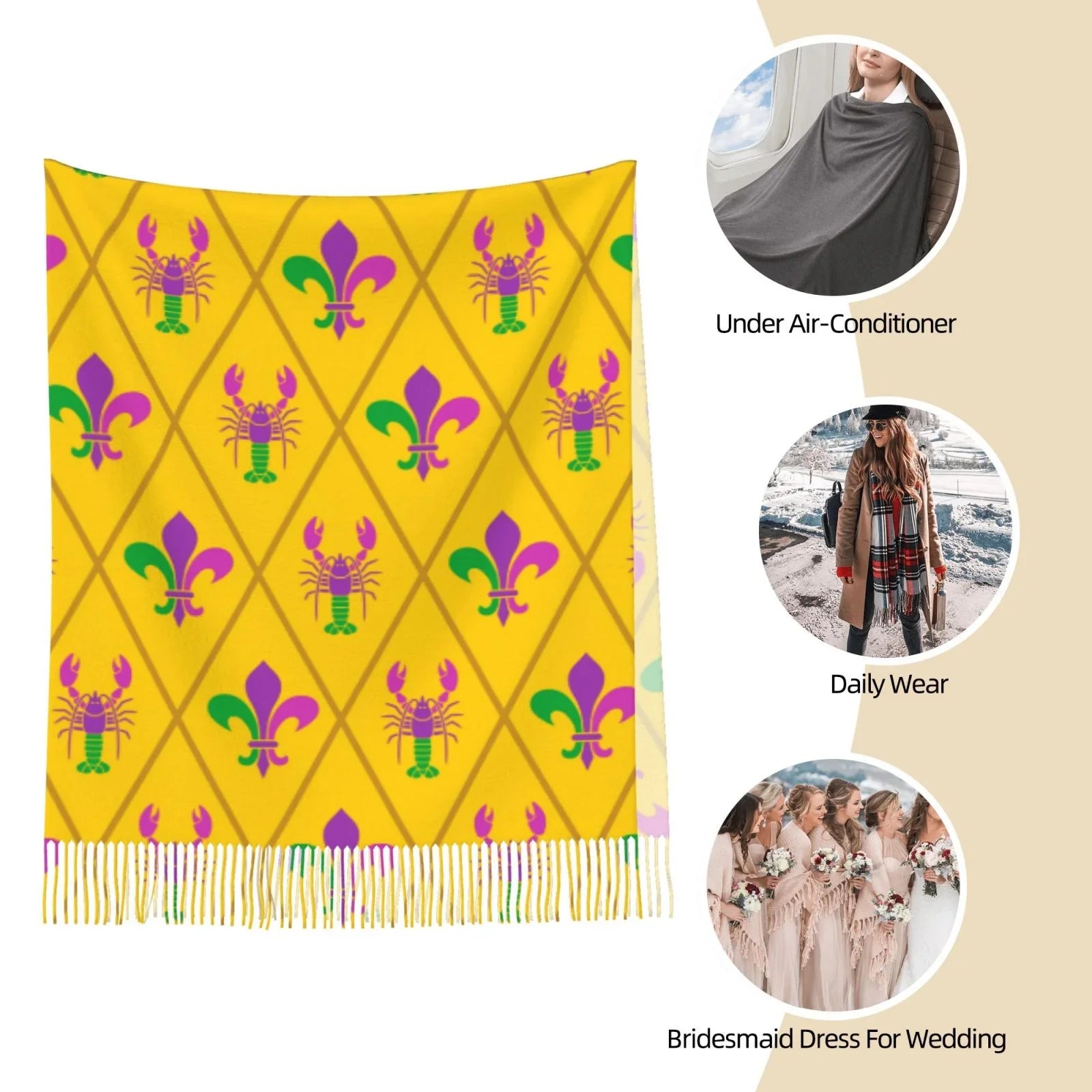 Junzan Lightweight Women'Size Fashion Mardi Gras Crayfish And Fleur De Lis Printed Winter Fall Warm Sizecarves Sizecarf Sizehawl