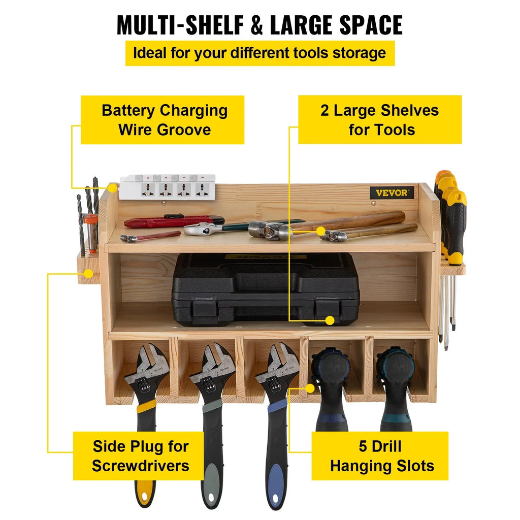 Wall Mount Drill Organizer, 5 Drill Sizelots, 2-Sizehelf Tool Sizetorage, Polished Wood