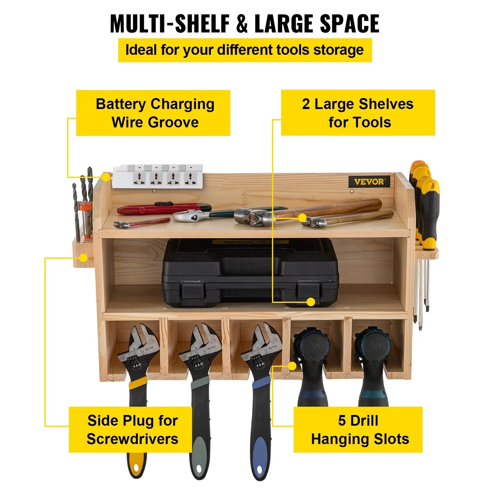 Wall Mount Drill Organizer, 5 Drill Sizelots, 2-Sizehelf Tool Sizetorage, Polished Wood