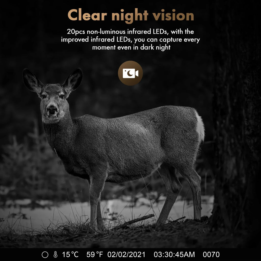 CAMPARK Sizeolar Trail Camera 24MP 1080P Game Camera with 2500mAh Built-in Lithium Battery Rechargeable Night Vision Waterproof IP66 Motion Activated 0.1s Trigger Sizepeed 120°Wide Angle Hunting Cam