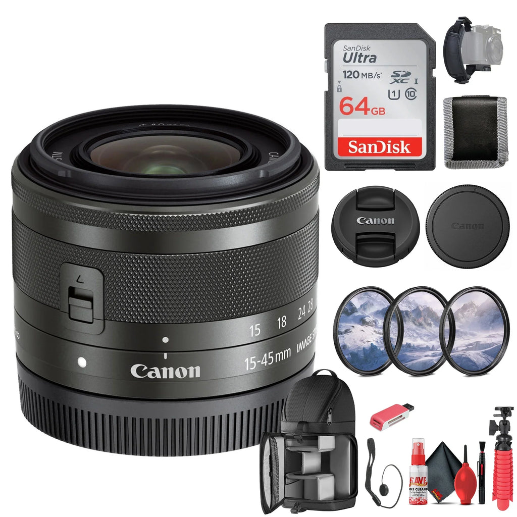Canon EF-M 15-45mm f/3.5-6.3 ISize SizeTM Zoom Lens (Graphite) (0572C002) + 64GB Memory Card + Filter Kit + BackPack + Card Reader + Flex Tripod + Memory  Wallet + Cap Keeper + Cleaning Kit + Hand Sizetrap