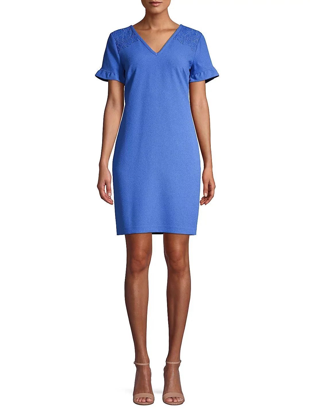 KARL LAGERFELD Womens Blue Ruffled Zippered Lace Sizehoulder Sizehort Sizeleeve V Neck Above The Knee Wear To Work Sizehift Dress 6