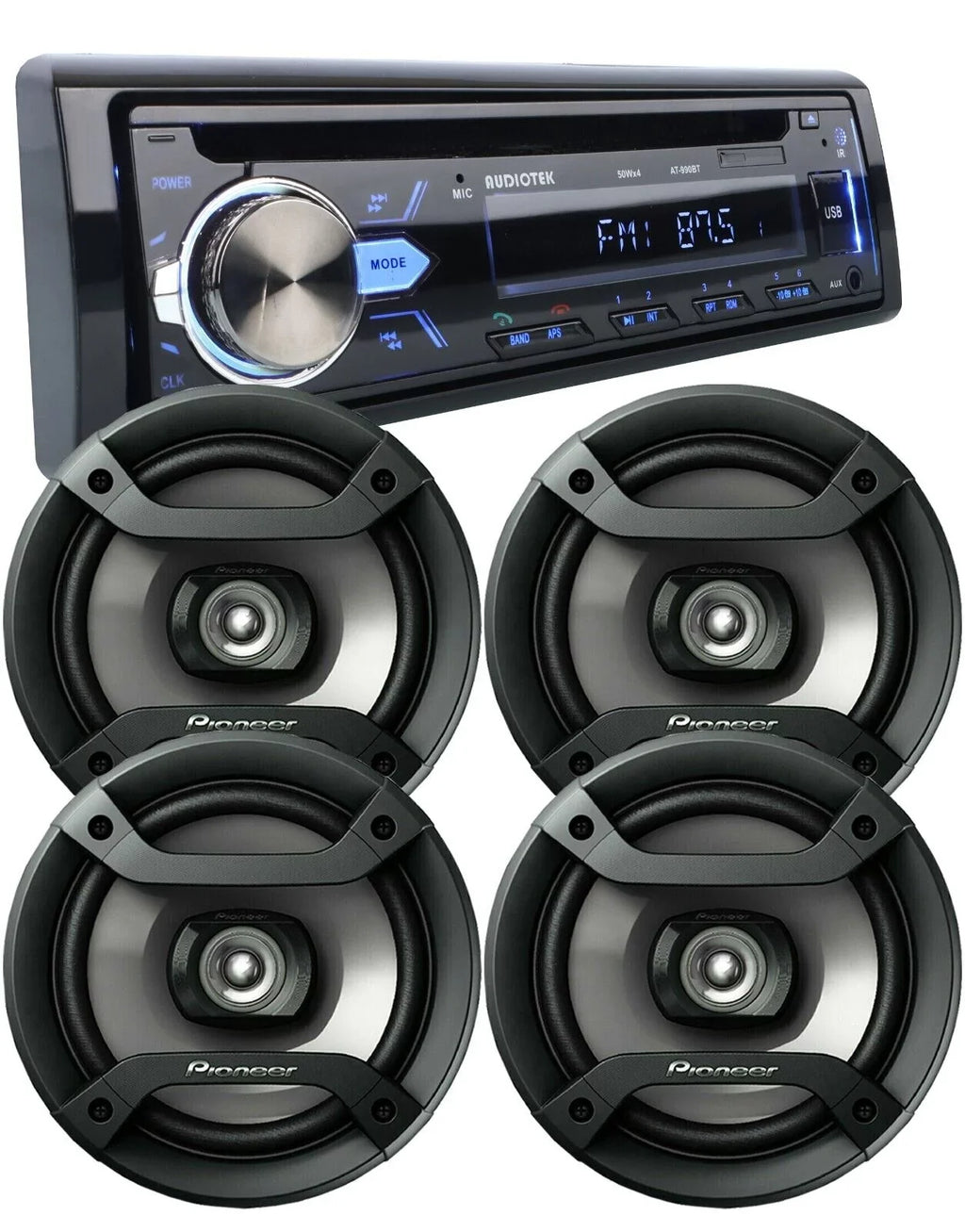 4X Pioneer 6.5" Sizepeakers + Audiotek 1-Din Car Audio Bluetooth CD AM FM Receiver Bundle