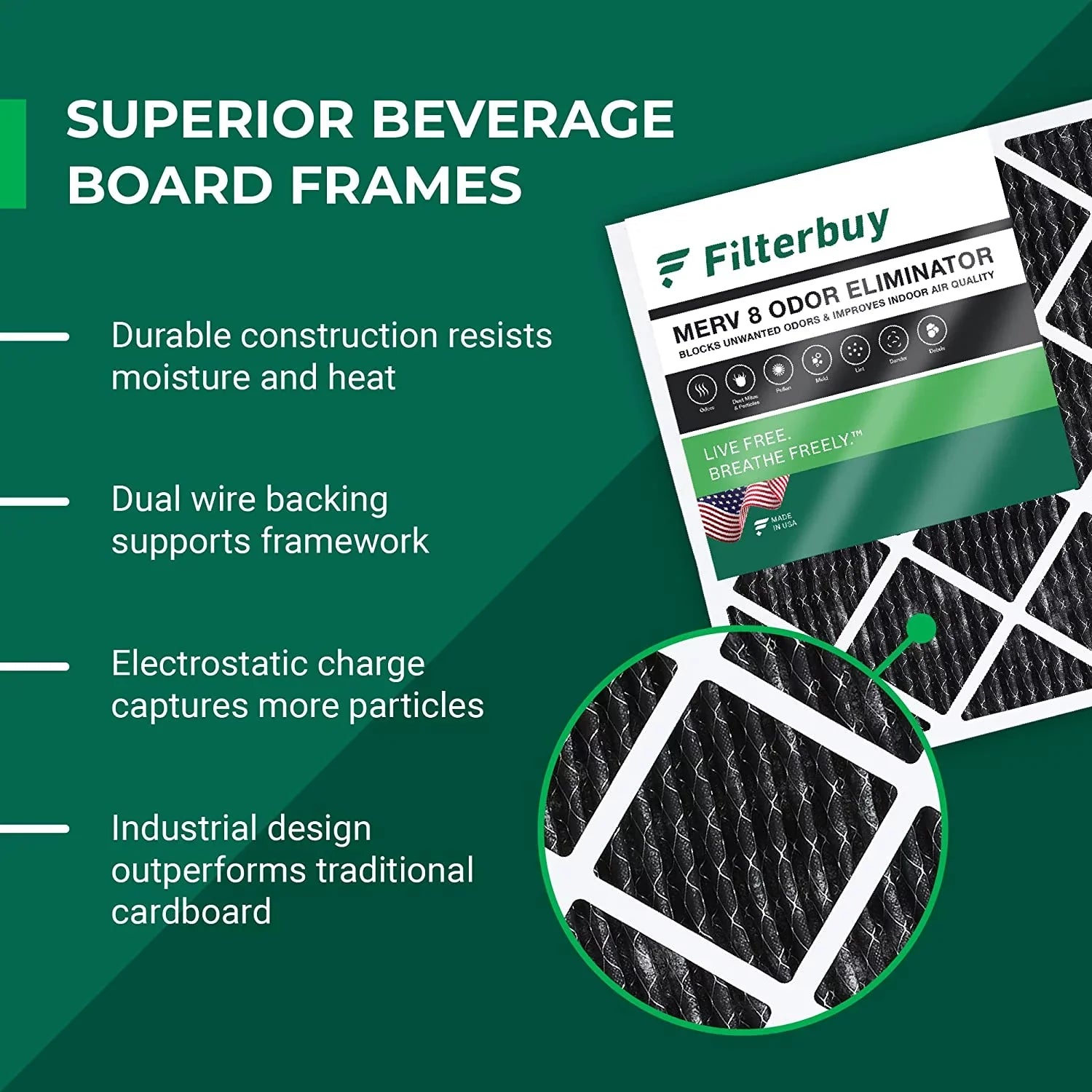 Filterbuy 16x20x1 MERV 8 Odor Eliminator Pleated HVAC AC Furnace Air Filters with Activated Carbon (6-Pack)