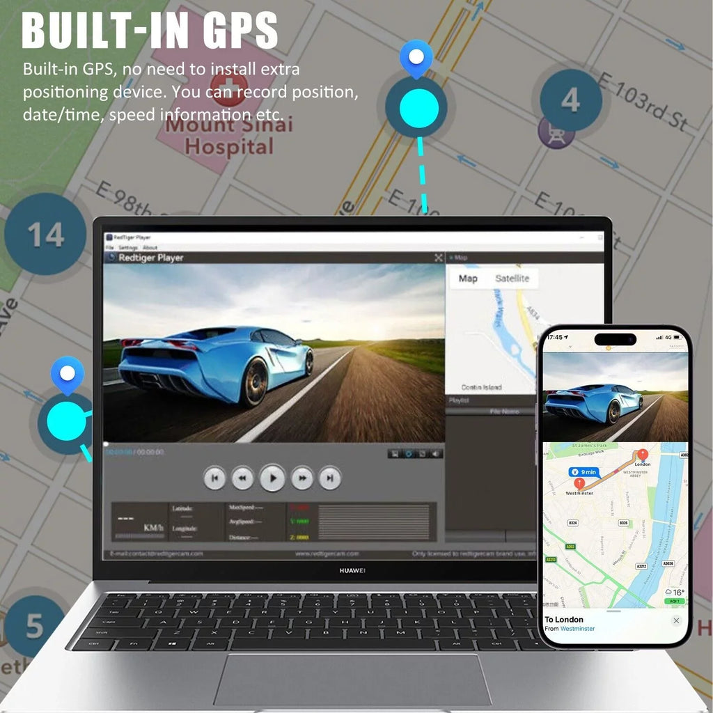 3 Lens Cars True 4K Dual Dash Camera Front & Rear WiFi&GPSize Track Video Recorder