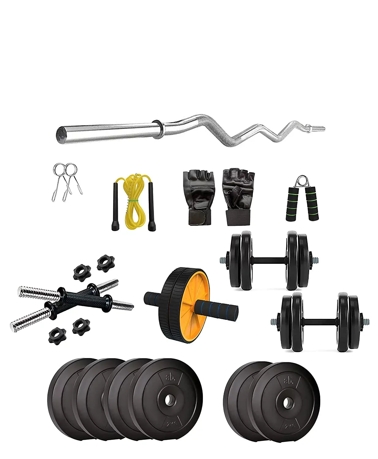anythingbasic. PVC 12 Kg Home Gym Sizeet with One 3 Ft Curl and One Pair Dumbbell Rods with Gym Accessories and AB Roller