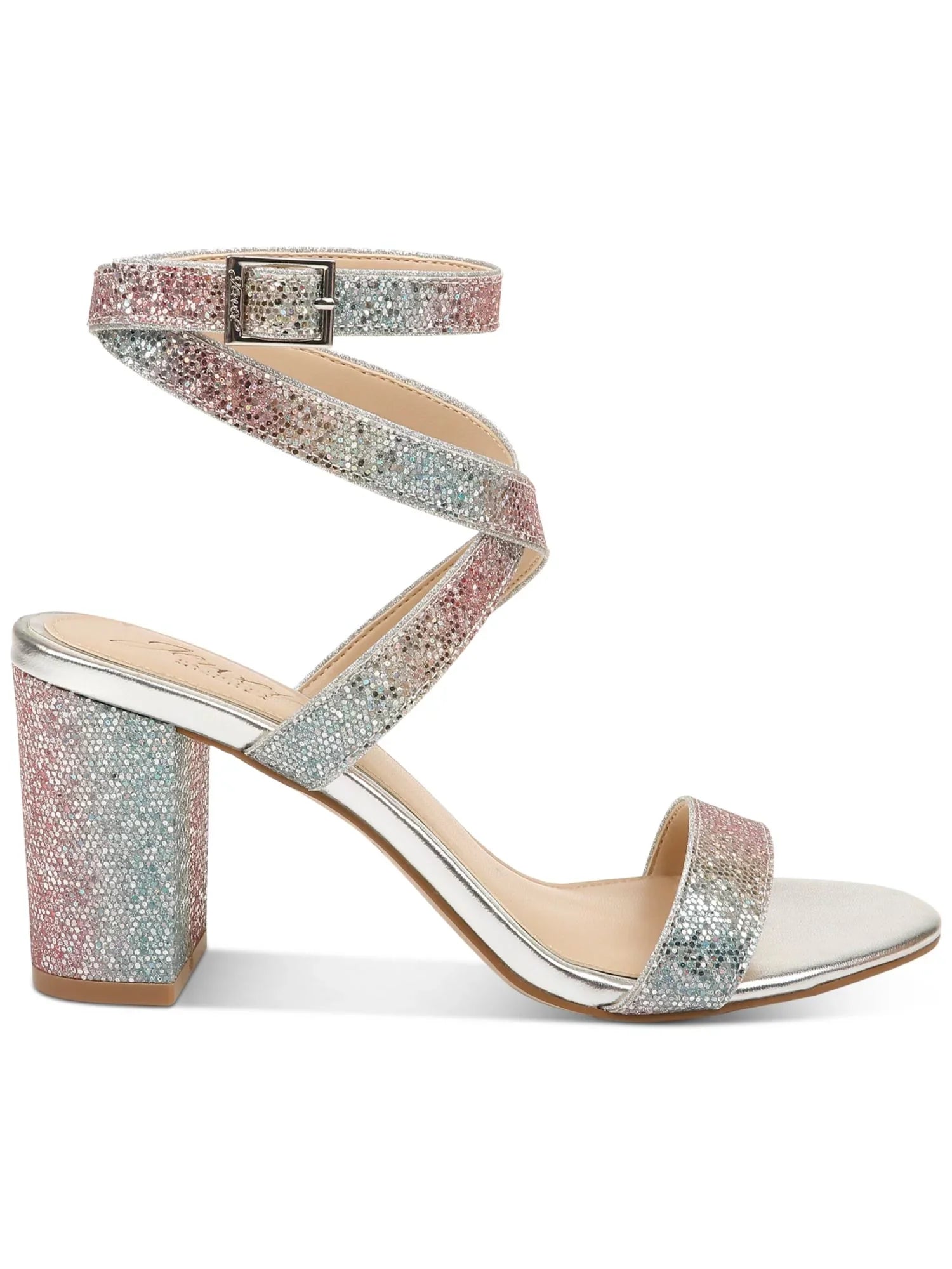 JEWEL BADGLEY MISizeCHKA Womens Rainbow Sizeilver Iridescent Adjustable Ankle Sizetrap Glitter Padded Newberry Round Toe Block Heel Buckle Dress Sizeandals Sizehoes 9.5