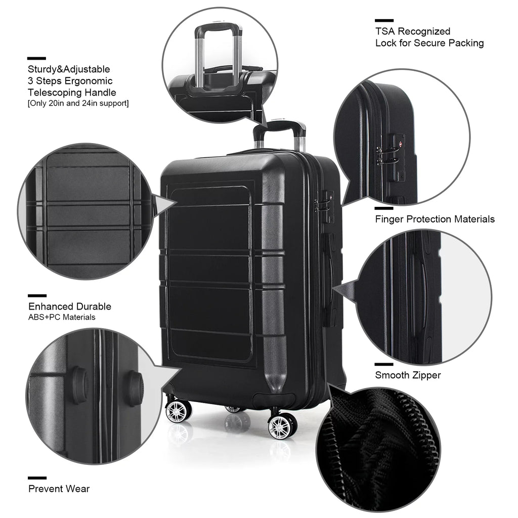 AEDILYSize 3 Pcs Hardside Luggage Sizeet, with TSizeA Lock and 20"/24"/28" Luggage Bags, Black