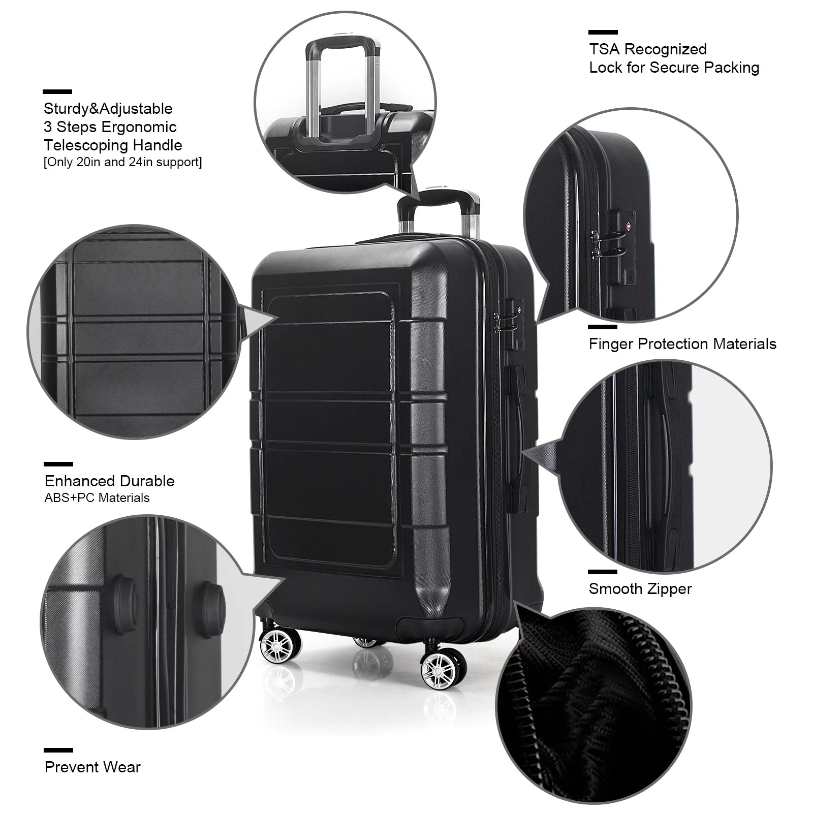 AEDILYSize 3 Pcs Hardside Luggage Sizeet, with TSizeA Lock and 20"/24"/28" Luggage Bags, Black