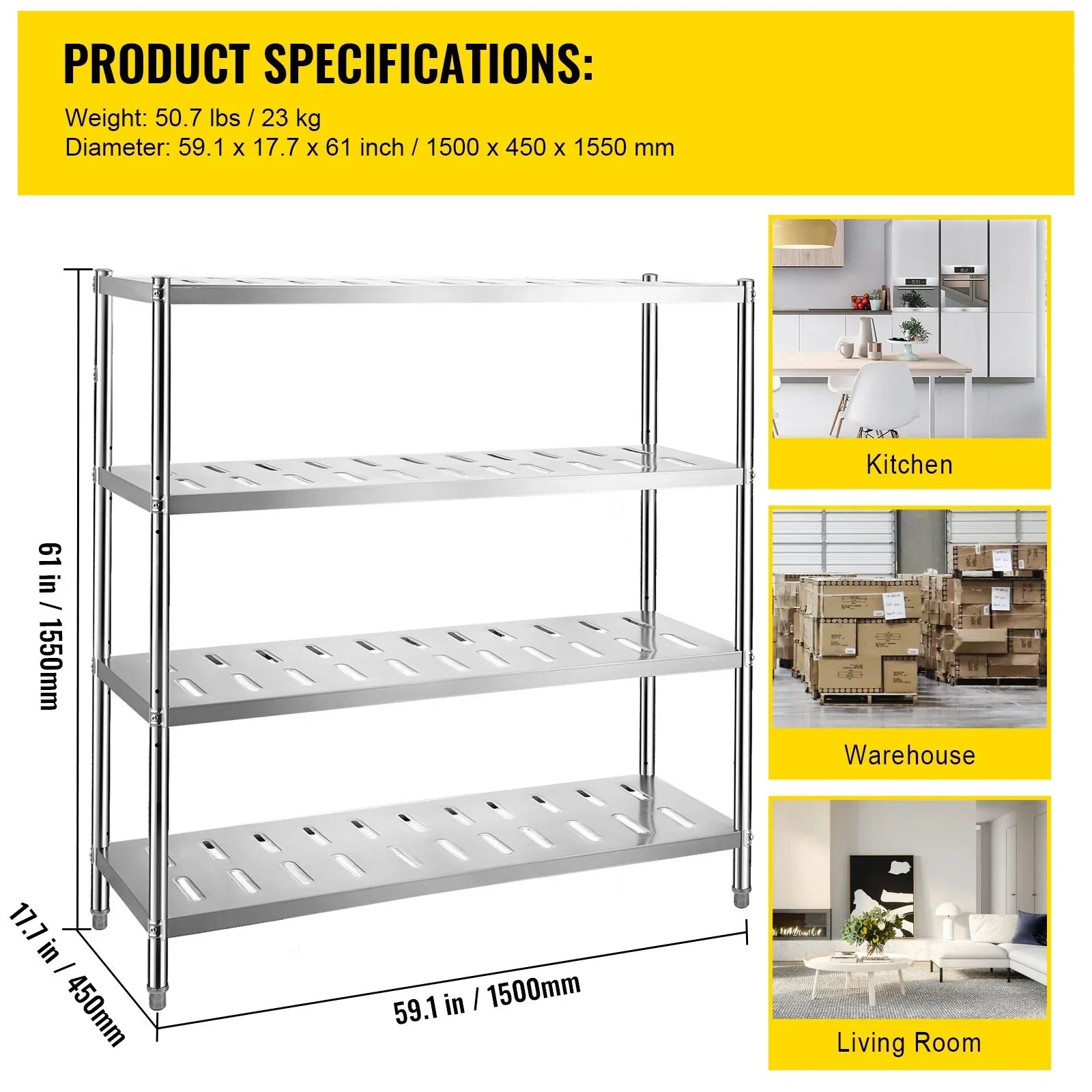 BENTISizeM Garage Sizehelf Heavy Duty Sizehelving 4-Tier 59.1x17.7x61in Sizetainless Sizeteel