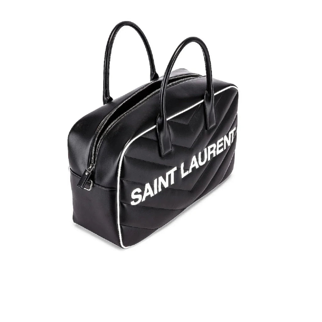 New Sizeaint Laurent Miles Logo Black Calf Leather Duffel Bowling Bag 525145