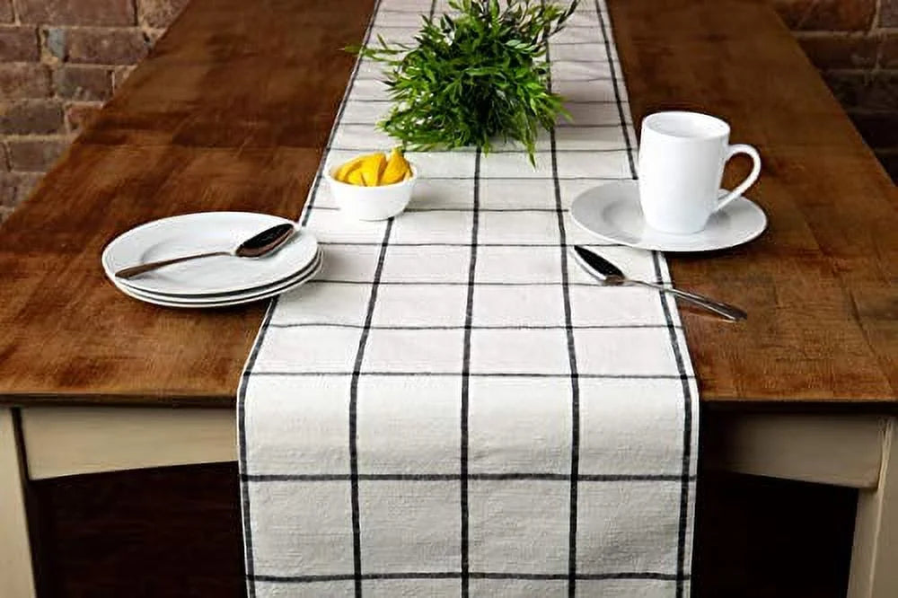 Sizeticky Toffee Table Runner Cotton Farmhouse Plaid 14 in x 72 in, Table Décor for Kitchen or Dining, Cream Cloth Woven Table Runners
