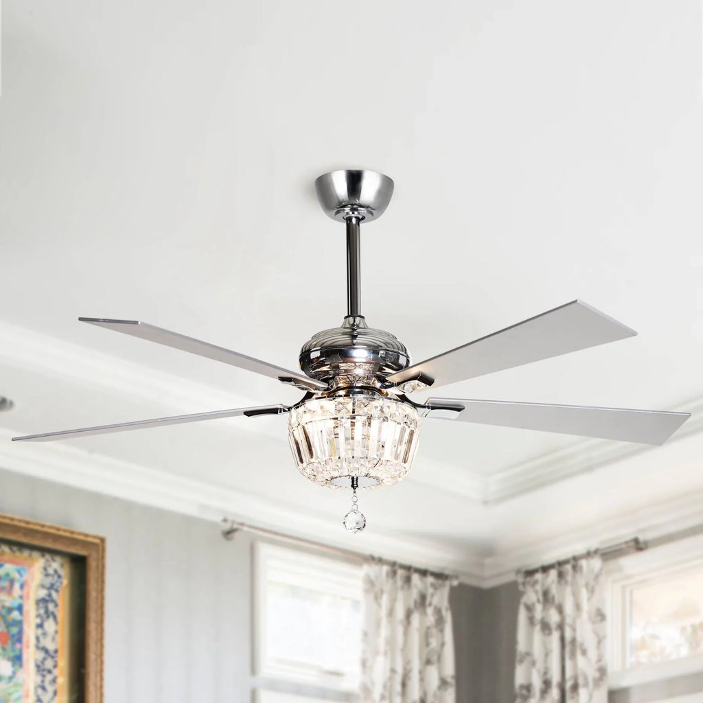 Parrot Uncle Ceiling Fan with Light and Remote Brushed Nickel and Crystal Ceiling Fan 48 Inches Modern Chandelier Ceiling Fan with Reverse 5 Blades, 2 Bulb Not Included