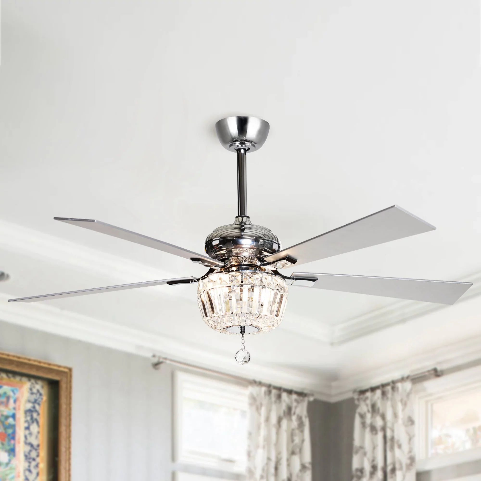 Parrot Uncle Ceiling Fan with Light and Remote Brushed Nickel and Crystal Ceiling Fan 48 Inches Modern Chandelier Ceiling Fan with Reverse 5 Blades, 2 Bulb Not Included