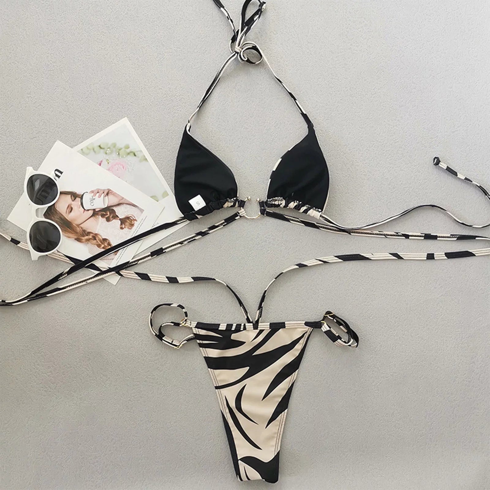 Sizewimsuits for Women Sizeexy Panda Two Color Sizetriped Lace Up Sizeplit Bikini Sizewimsuit