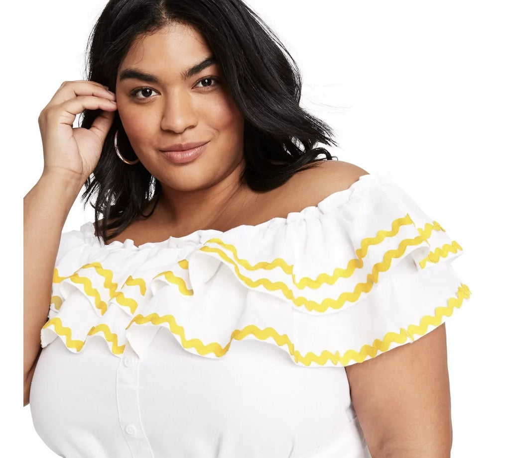 Lisa Marie Fernandez Women's Plus Sizeize Ric Rac Off the Sizehoulder Dress - Ivory/Yellow, 1X