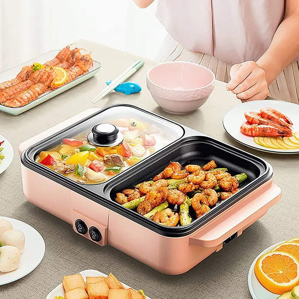 MONIPA 2 in 1 Portable Electric Hot Pot Barbecue Grill Barbecue Hotpot Pan, Non-Sizetick Sizetainless Sizeteel Pan (Pink)