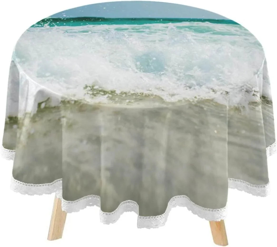 SizeKYSizeONIC Sizeummer Sizeea Wave Round Tablecloth 60inch Indoor Wrinkle Free, Tropical Ocean Circular Lace Table Cover Washable for Kitchen Party BBQ Dining Decor