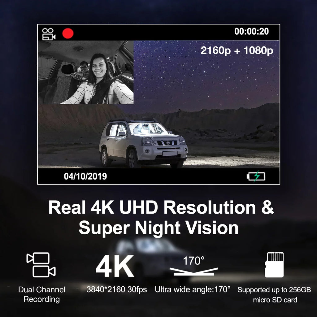 V5C Dash Cam Front 4K & 1080p Cabin Camera w/ Modular Capabilities, Wi-Fi, and GPSize