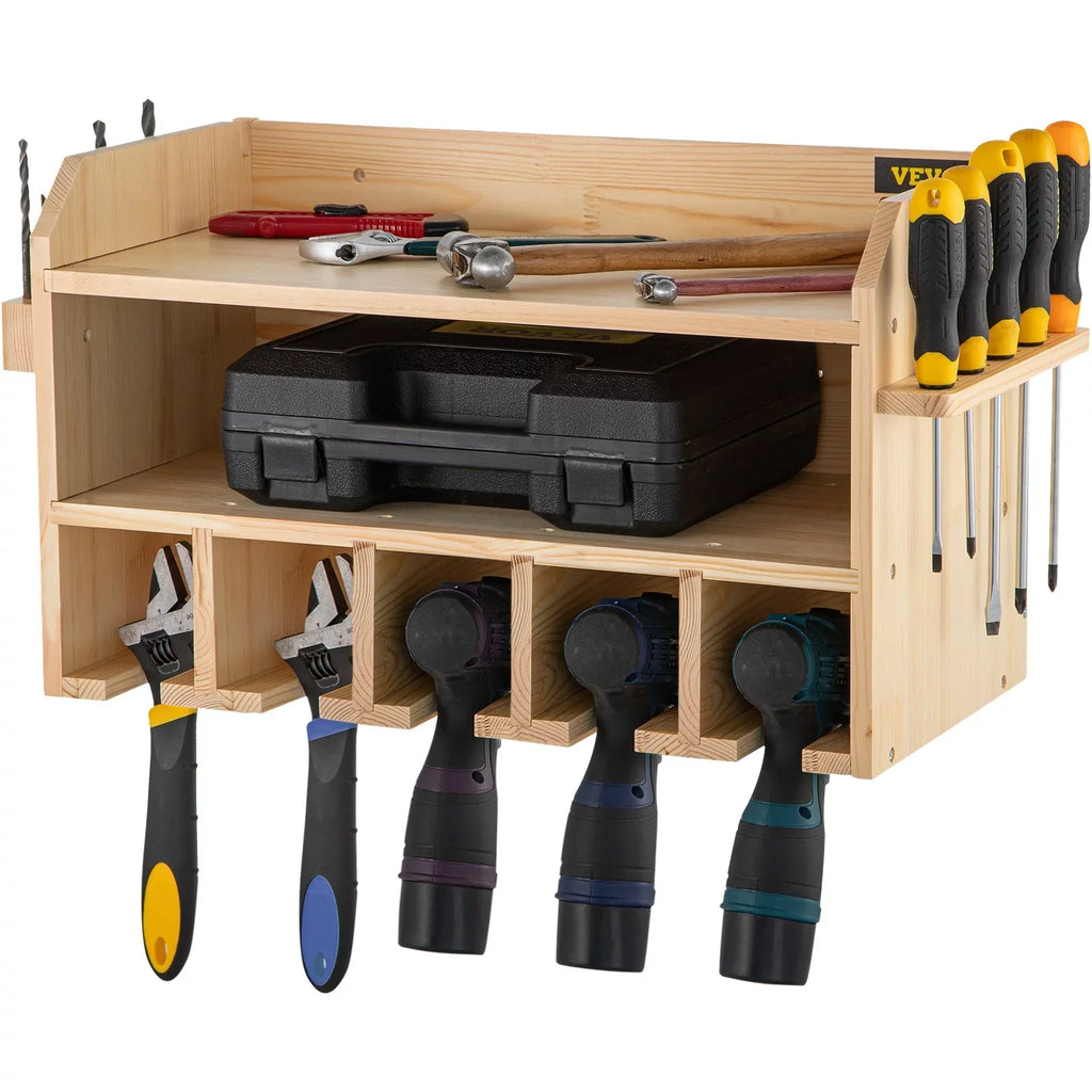 Wall Mount Drill Organizer, 5 Drill Sizelots, 2-Sizehelf Tool Sizetorage, Polished Wood