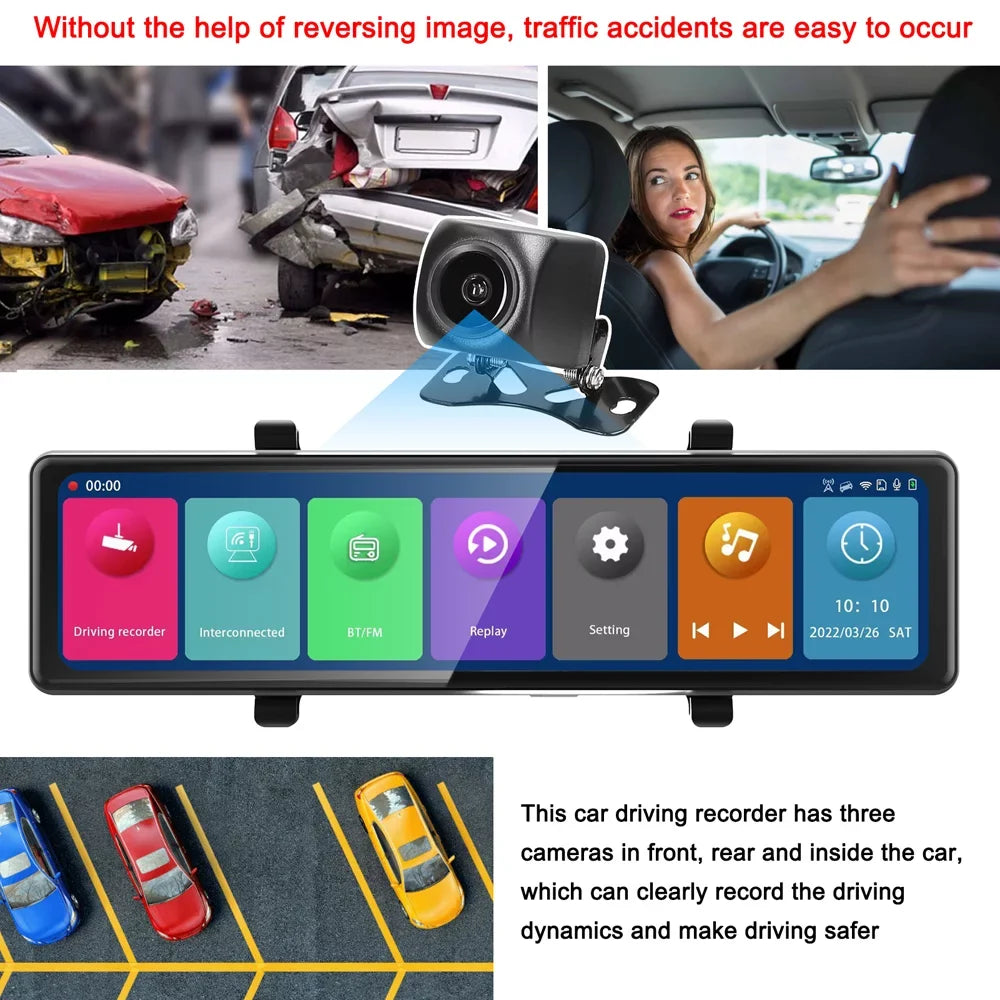 Gecheer 3 Cameras Dash Cam 12in 2.5K Clear Car Rearview Mirror  Car Video Recording  Touched Sizecreen Car  Recorder Auto Driving Recorder