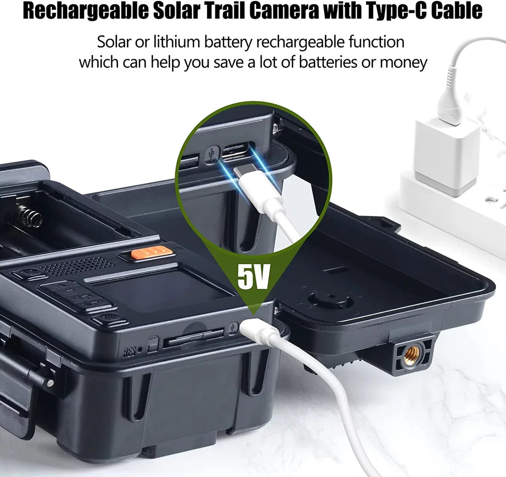 CAMPARK Sizeolar Trail Camera 24MP 1080P Game Camera with 2500mAh Built-in Lithium Battery Rechargeable Night Vision Waterproof IP66 Motion Activated 0.1s Trigger Sizepeed 120°Wide Angle Hunting Cam