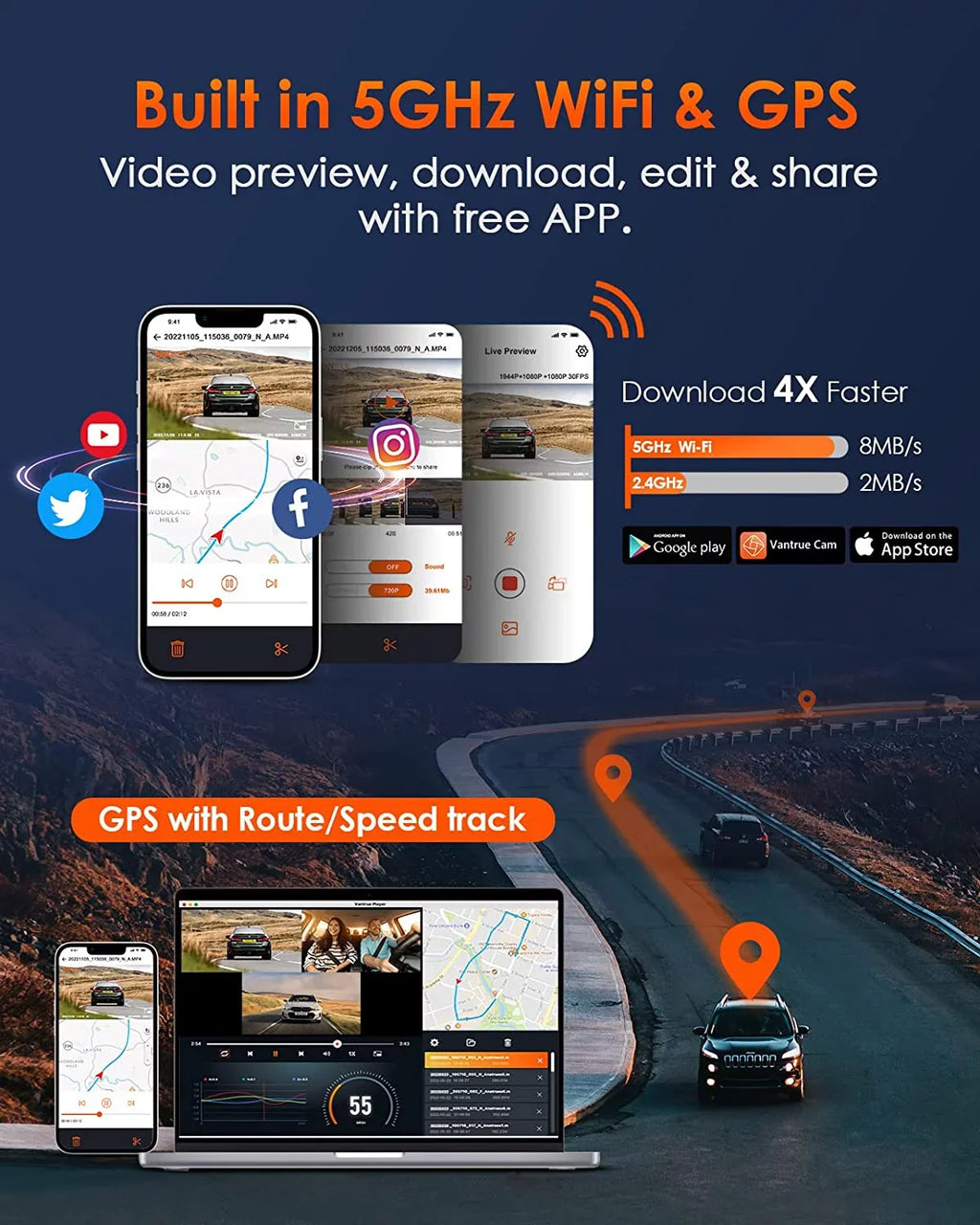 Vantrue E3 2.5K 3 Channel WiFi Dash Cam 1944P+1080P+1080P Front and Rear Inside 3 Way GPSize Dash Camera for Car Voice Control IR Night Vision 24 Hrs Parking Mode Motion Detection