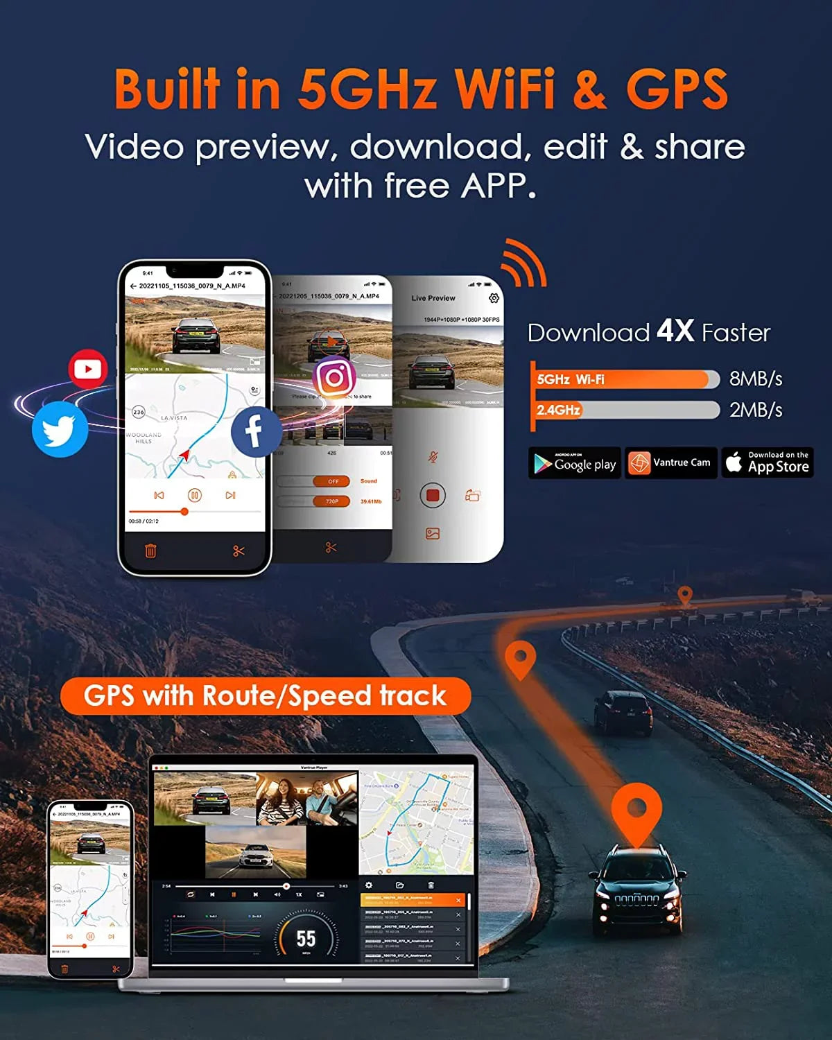 Vantrue E3 2.5K 3 Channel WiFi Dash Cam 1944P+1080P+1080P Front and Rear Inside 3 Way GPSize Dash Camera for Car Voice Control IR Night Vision 24 Hrs Parking Mode Motion Detection