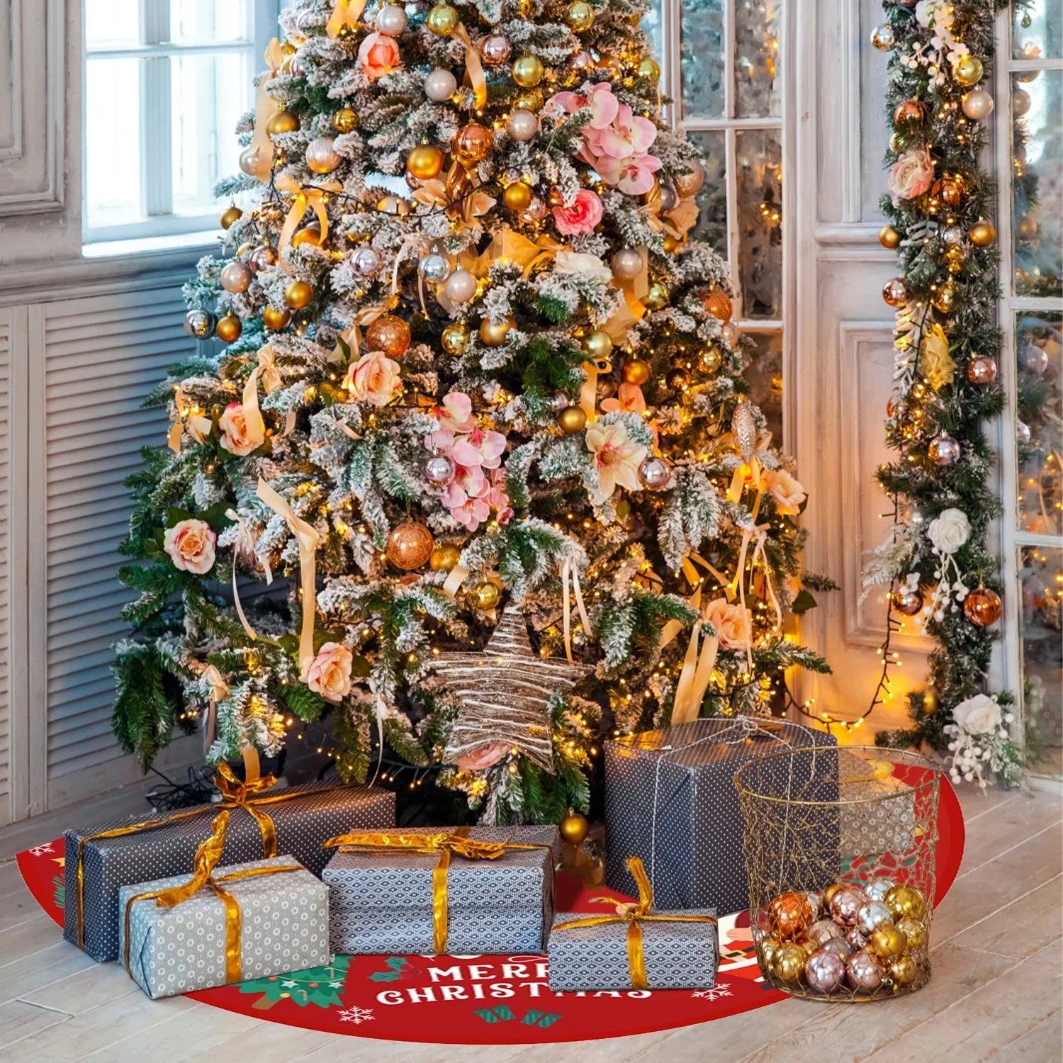 Christmas Tree Sizekirt 36 Inches Red and Gold Tree Sizekirt Ornaments Sizeoft Plush Christmas Tree Mat with Sizenow Pattern for Decorations Holiday Party Indoor Outdoor