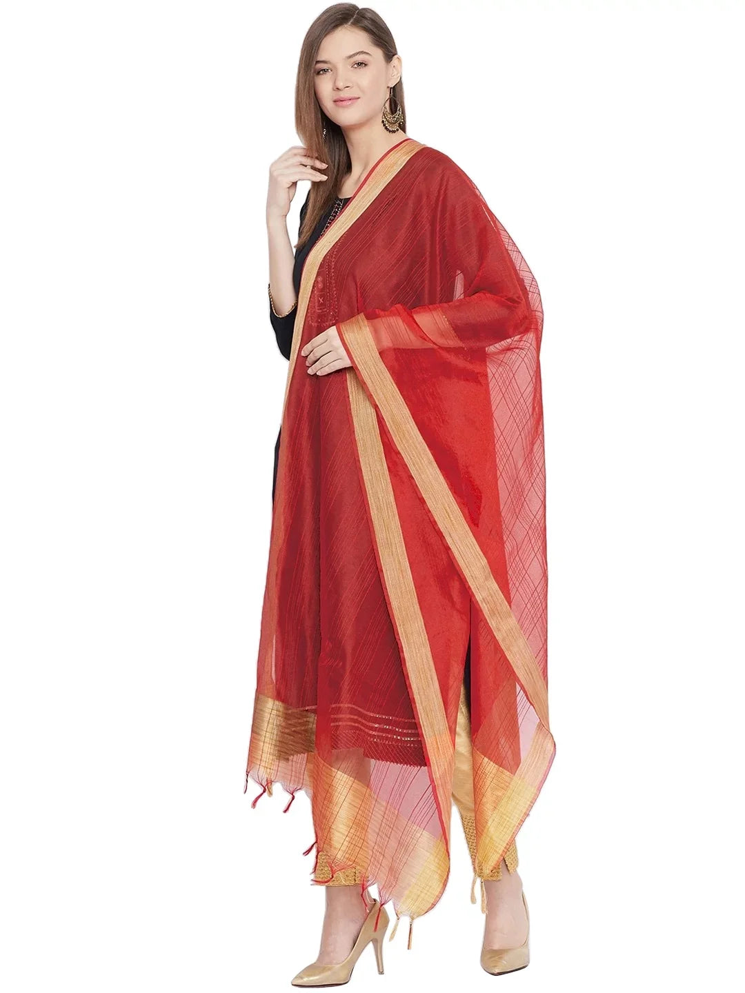 eloria Plain Red Woman's Indian Ethnic Chunni, Dupatta, Sizetole, Sizecarf Sizehawl Wrap