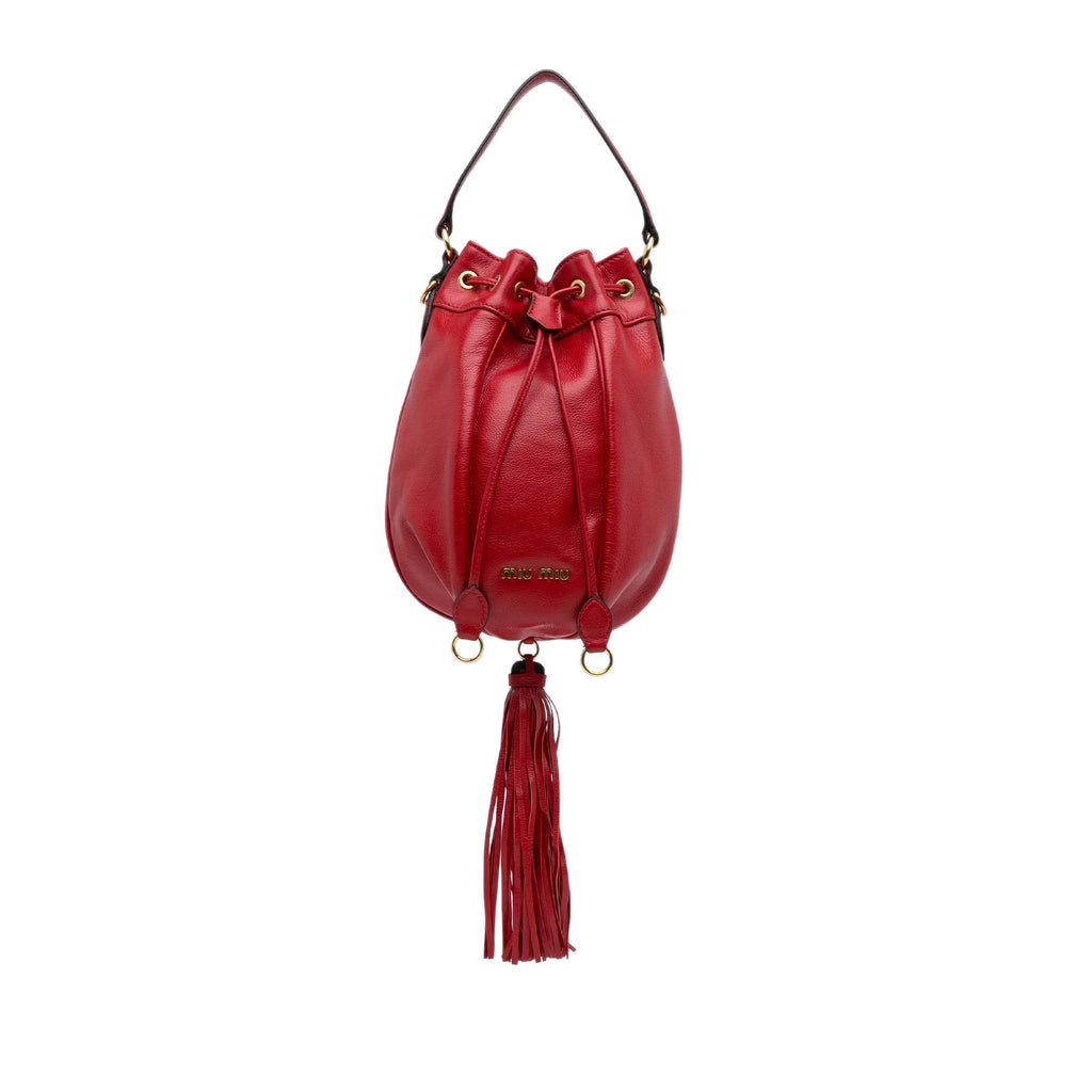 Pre-Owned Authenticated Miu Miu Tassel Accent Bucket Bag Calf Leather Red DrawstringBag Unisex (Good)
